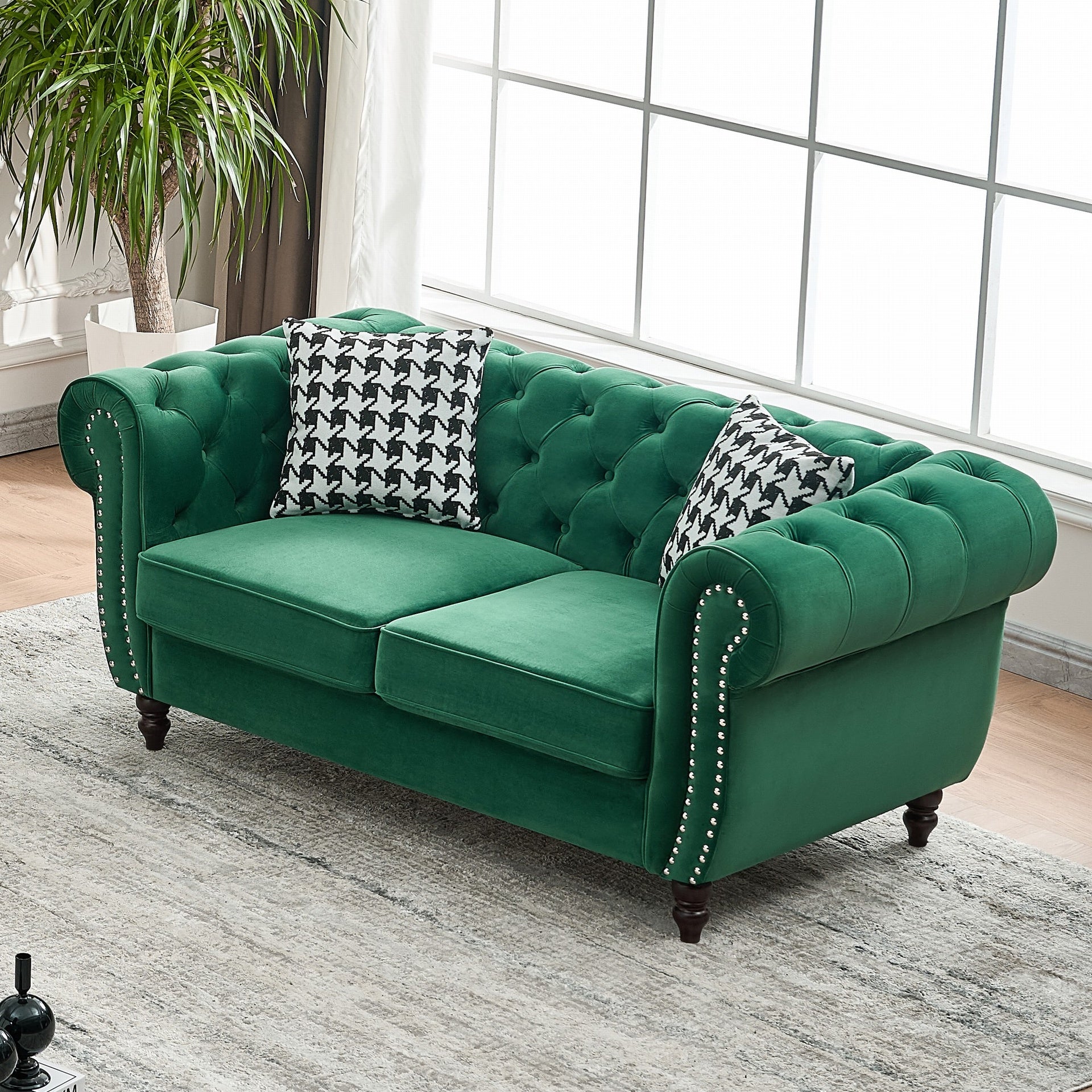 65"Chesterfield ‌velvet upholstery fabric Sofa with Roll Armrest & Nailhead,Upholstered Mid Century Modern Couch,2 Seater Couch for Living Room, Office, Apartment, Green