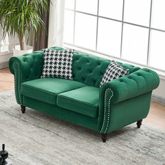 65"Chesterfield ‌velvet upholstery fabric Sofa with Roll Armrest & Nailhead,Upholstered Mid Century Modern Couch,2 Seater Couch for Living Room, Office, Apartment, Green