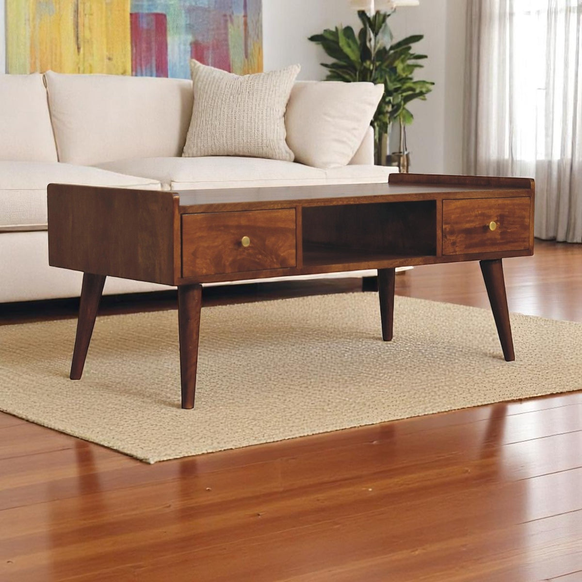 Elevated Chestnut Media Unit, 2-Drawers, 1 Open-Slot, Nordic Legs, Dark Brown
