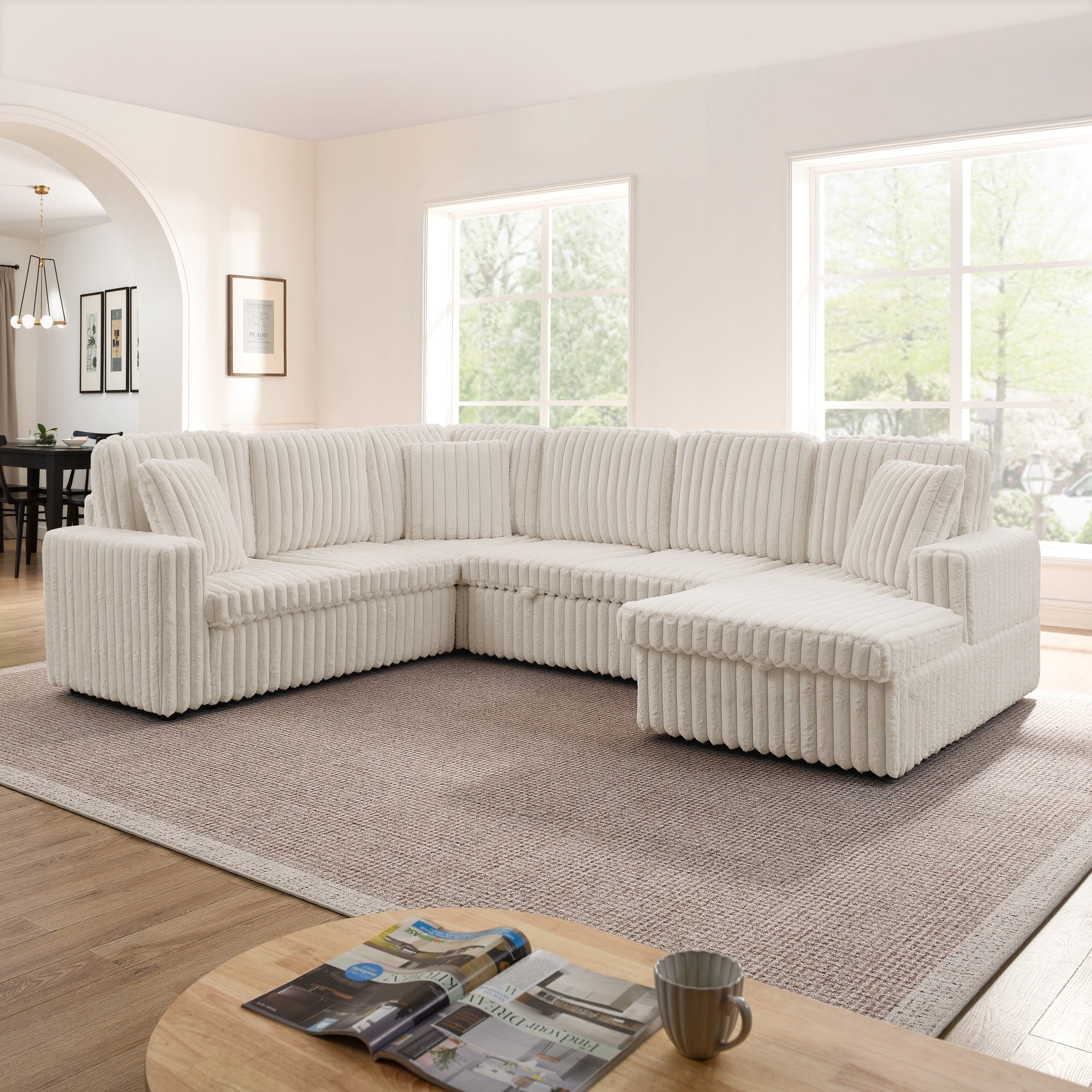 Corduroy Striped Upholstered Sofa, Modern Minimalist U-shaped combination sofa, Pull - out Bed & Storage Chaise, Seat Soft Couch - Beige(Assembly is required)