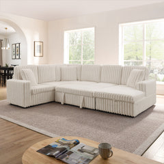 Corduroy Striped Upholstered Sofa, Modern Minimalist U-shaped combination sofa, Pull - out Bed & Storage Chaise, Seat Soft Couch - Beige(Assembly is required)