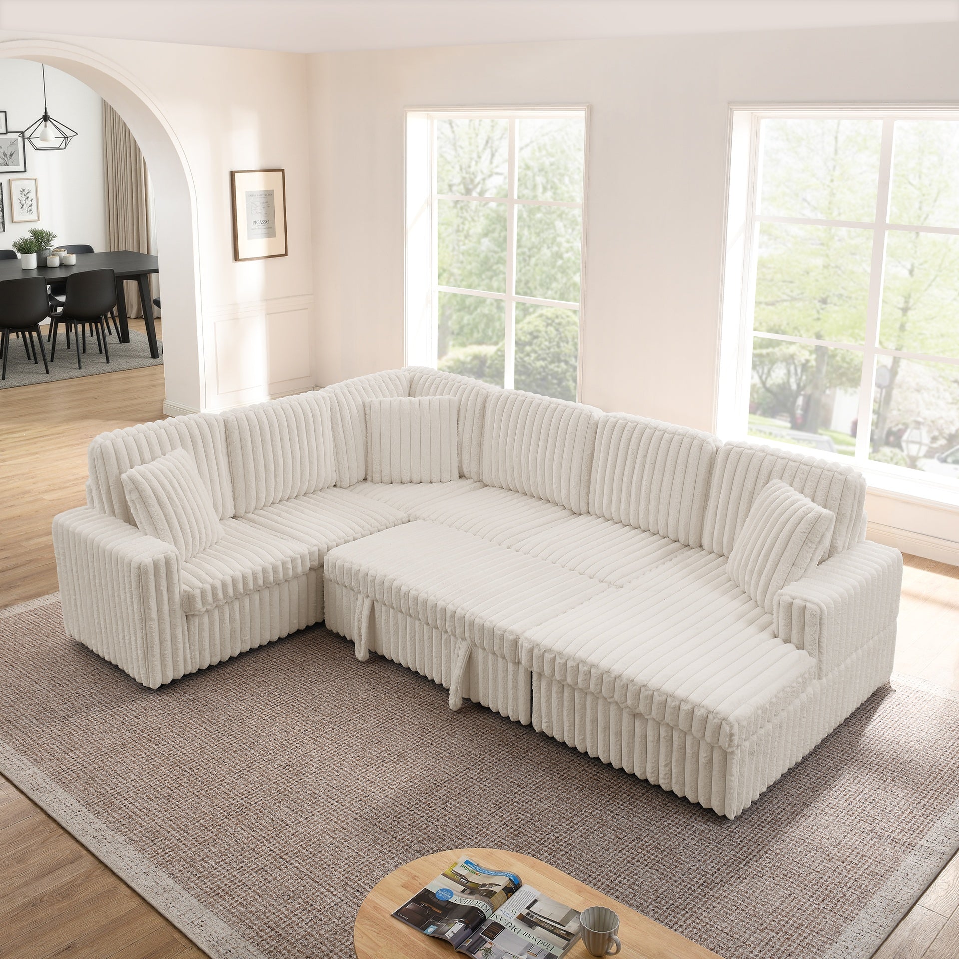 Corduroy Striped Upholstered Sofa, Modern Minimalist U-shaped combination sofa, Pull - out Bed & Storage Chaise, Seat Soft Couch - Beige(Assembly is required)