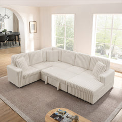 Corduroy Striped Upholstered Sofa, Modern Minimalist U-shaped combination sofa, Pull - out Bed & Storage Chaise, Seat Soft Couch - Beige(Assembly is required)