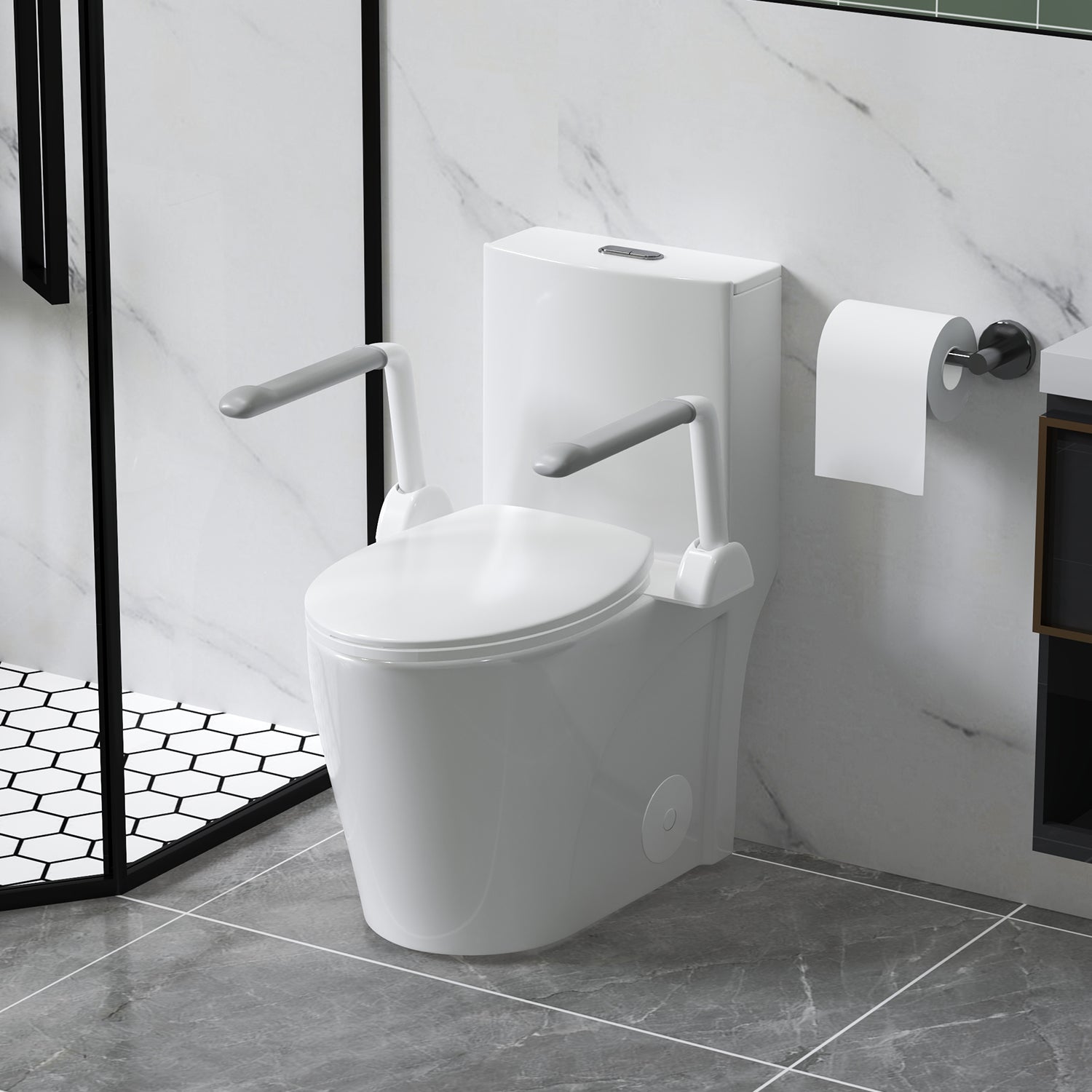 UPGRADED DESIGN Armrest, With 1.1/1.6 GPF Tornado Flush One-Piece Toilet, Siphonic S-trap 12", Soft Close Seat,Dual Flush MAP 1000g,Comfort Chair Seat ADA Height 17",Glossy White GW-007
