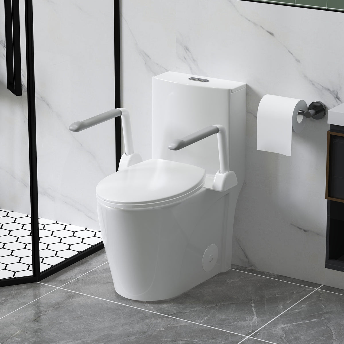 UPGRADED DESIGN Armrest, With 1.1/1.6 GPF Tornado Flush One-Piece Toilet, Siphonic S-trap 12", Soft Close Seat,Dual Flush MAP 1000g,Comfort Chair Seat ADA Height 17",Glossy White GW-007