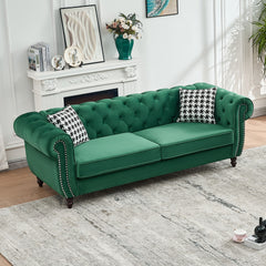 3 Seater & 3 Seater Chesterfield ‌velvet upholstery fabric Sofa with Roll Armrest & Nailhead,Upholstered Mid Century Modern Couch,3+3 Seater Couch for Living Room, Office, Apartment,  Green