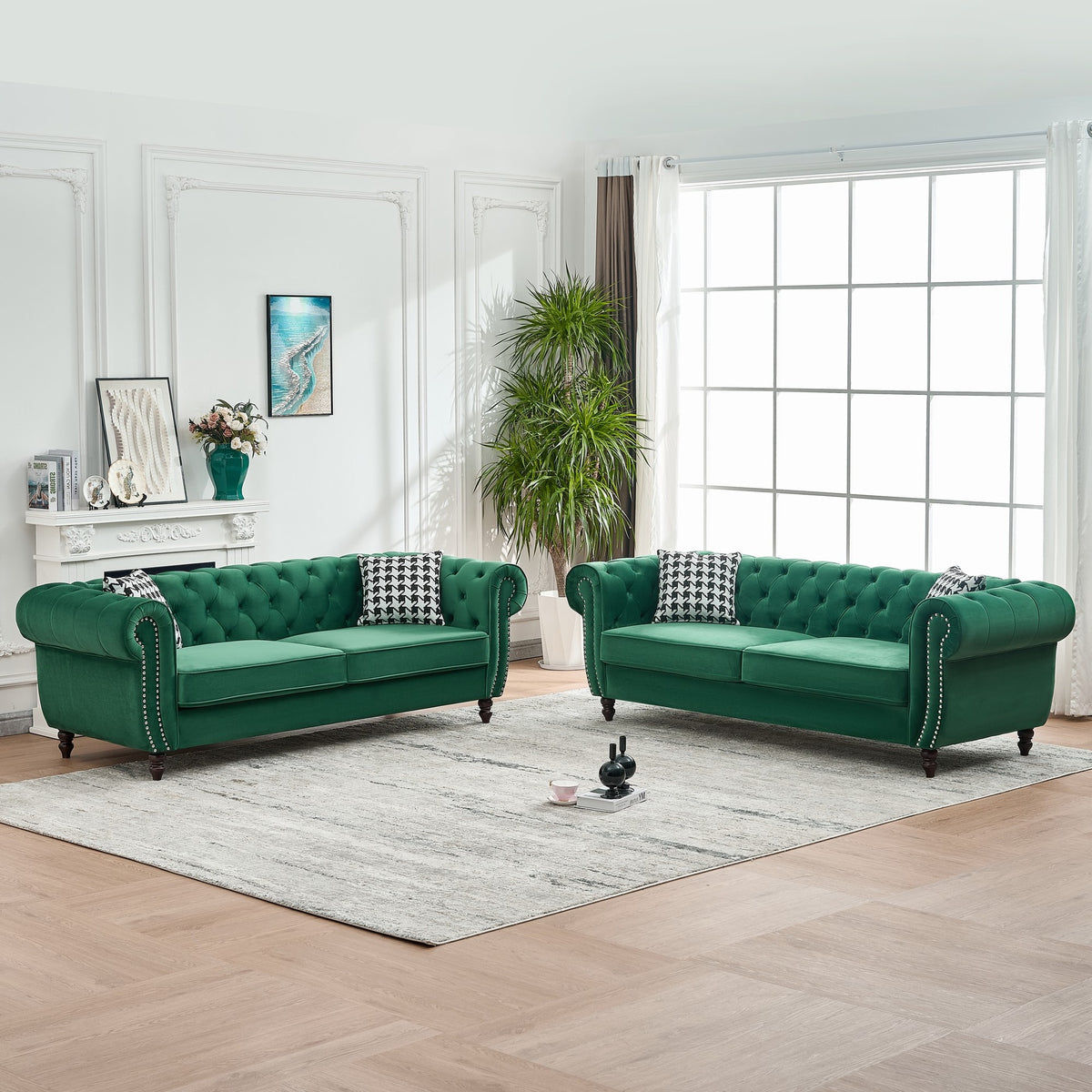 3 Seater & 3 Seater Chesterfield ‌velvet upholstery fabric Sofa with Roll Armrest & Nailhead,Upholstered Mid Century Modern Couch,3+3 Seater Couch for Living Room, Office, Apartment,  Green