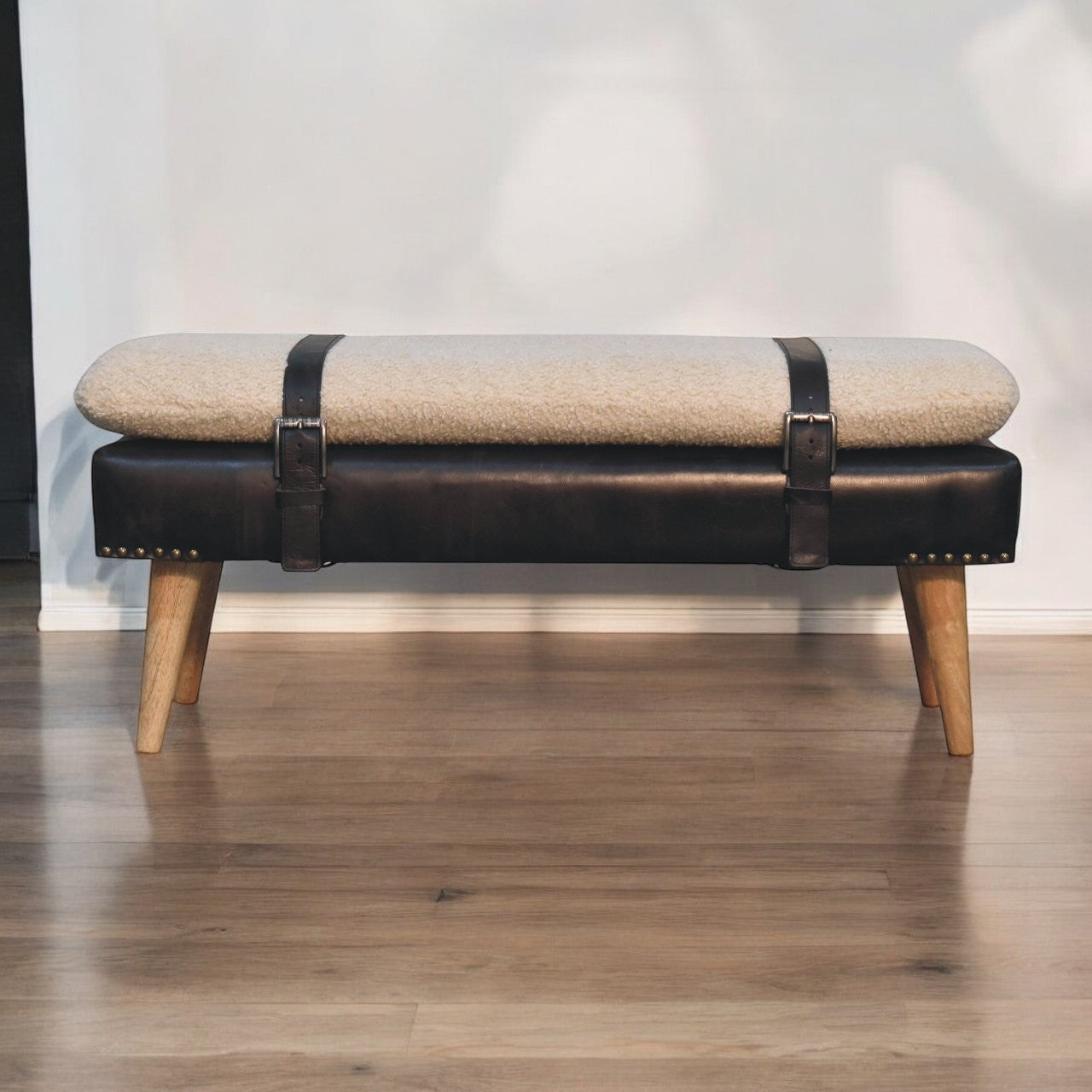 Bouclé Buffalo Hide Black Leather Bench Upholstered, Nordic Legs, Beige and Black