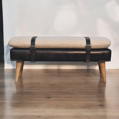 Bouclé Buffalo Hide Black Leather Bench Upholstered, Nordic Legs, Beige and Black