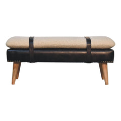 Bouclé Buffalo Hide Black Leather Bench Upholstered, Nordic Legs, Beige and Black
