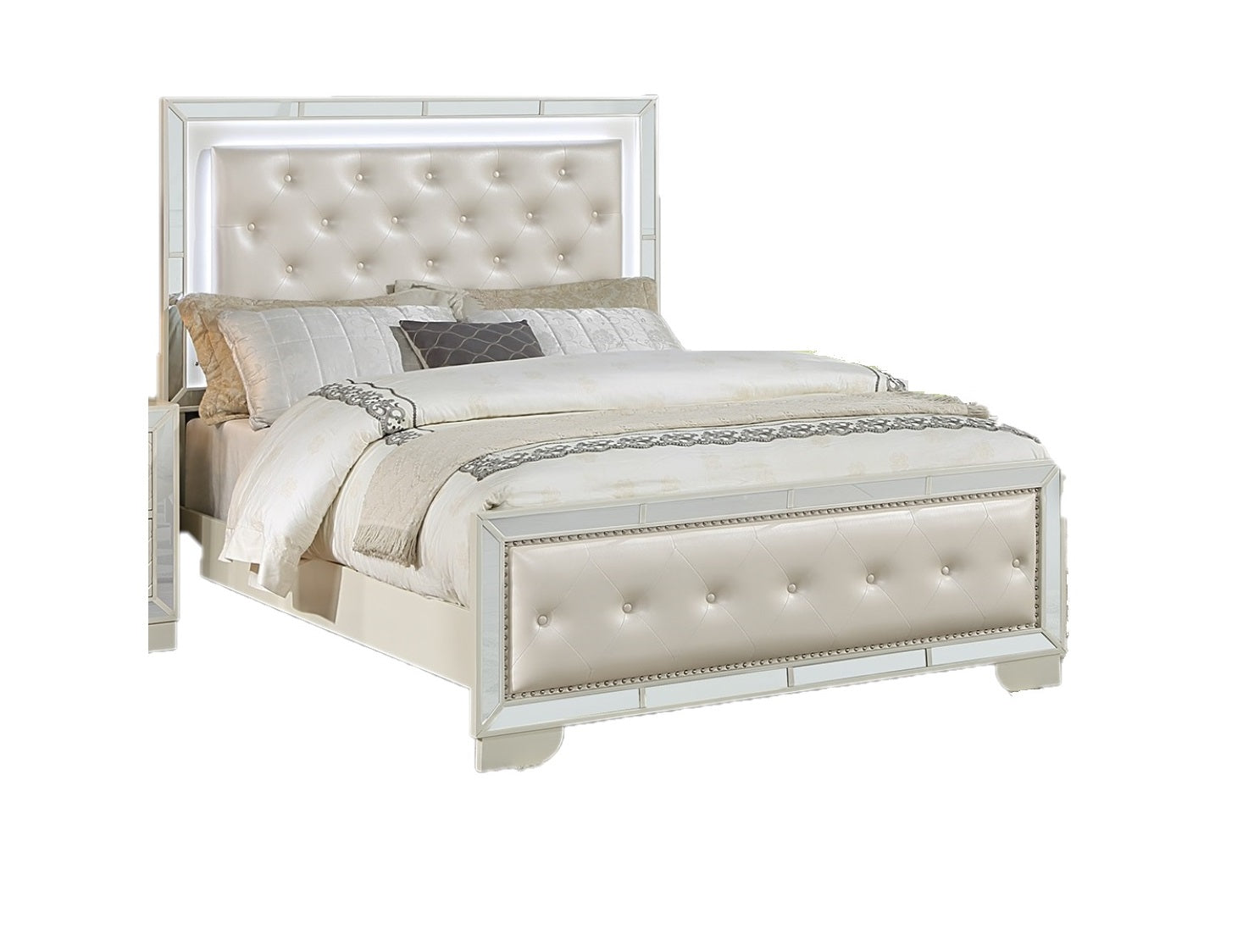 Cream Ivory Tufted Faux Leather Eastern King Size Bed w LED Lights Beautiful 1pc Panel Bedframe Mirror Trim