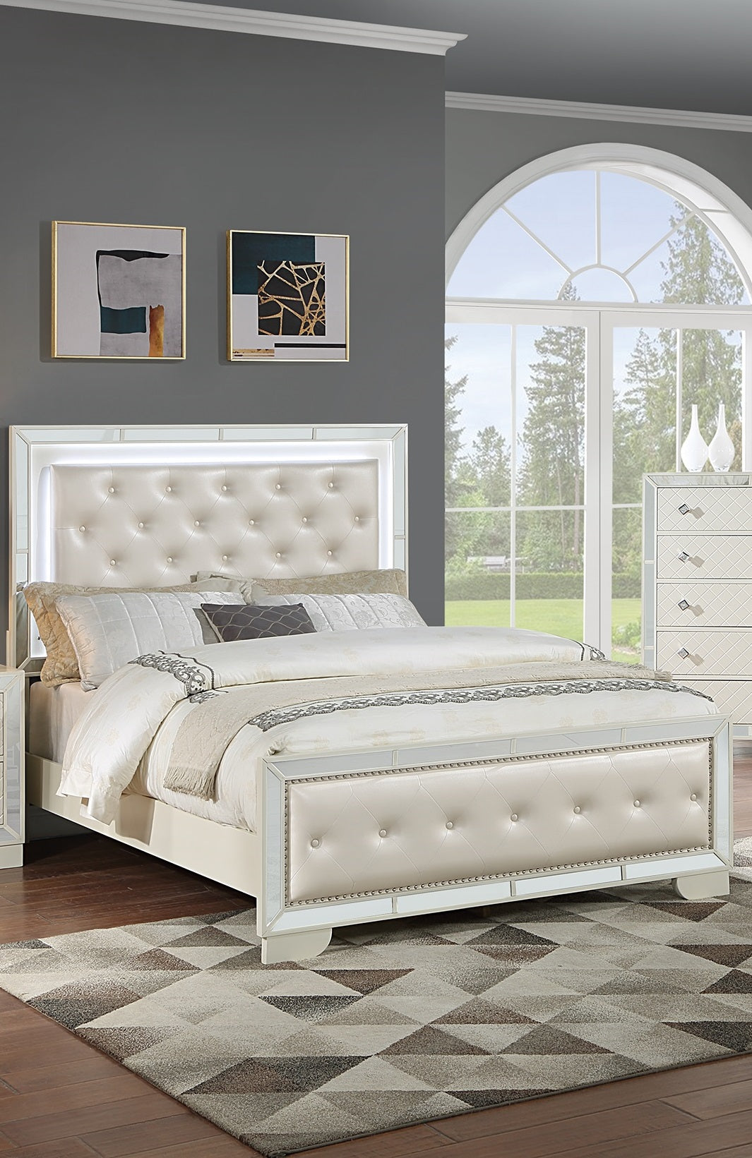 Cream Ivory Tufted Faux Leather Eastern King Size Bed w LED Lights Beautiful 1pc Panel Bedframe Mirror Trim