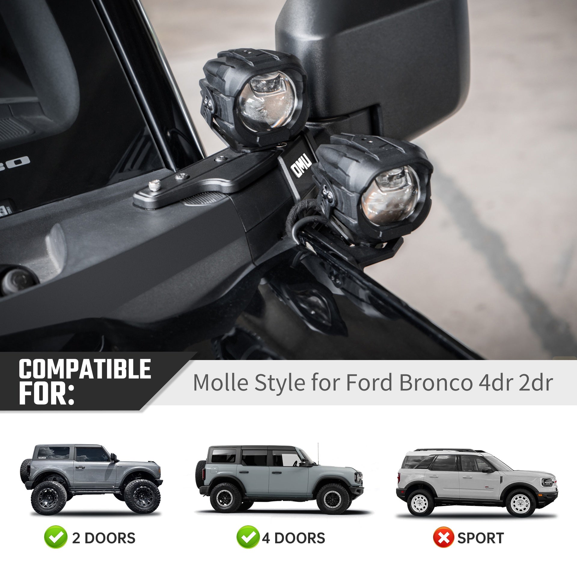 OMU Genesis Series Aluminum A-Pillar Light System Mount With 4 PCS Spotlights, High Low Beam Switchable A-Pillar Spotlight(White Light) For Ford Bronco 2021+(Not fit for Ford Bronco Sport)