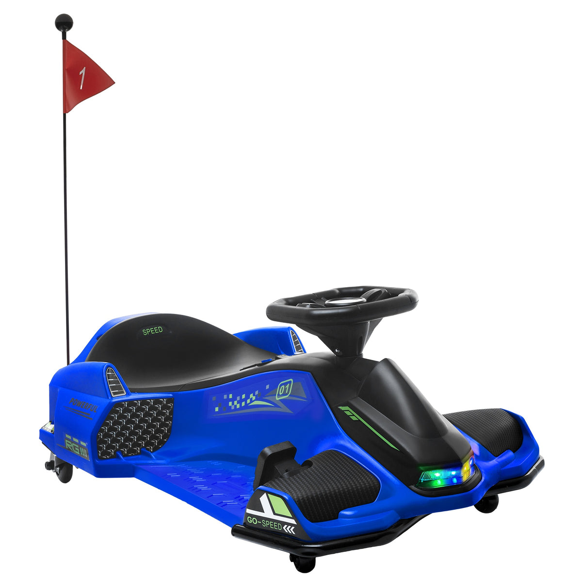 Aosom 12V Electric Go Kart, 5 MPH Drifting Car, Battery Powered Ride on Toy Outdoor with Slow Start, Music, Colorful Lights, for 8-12 Years Old, Blue