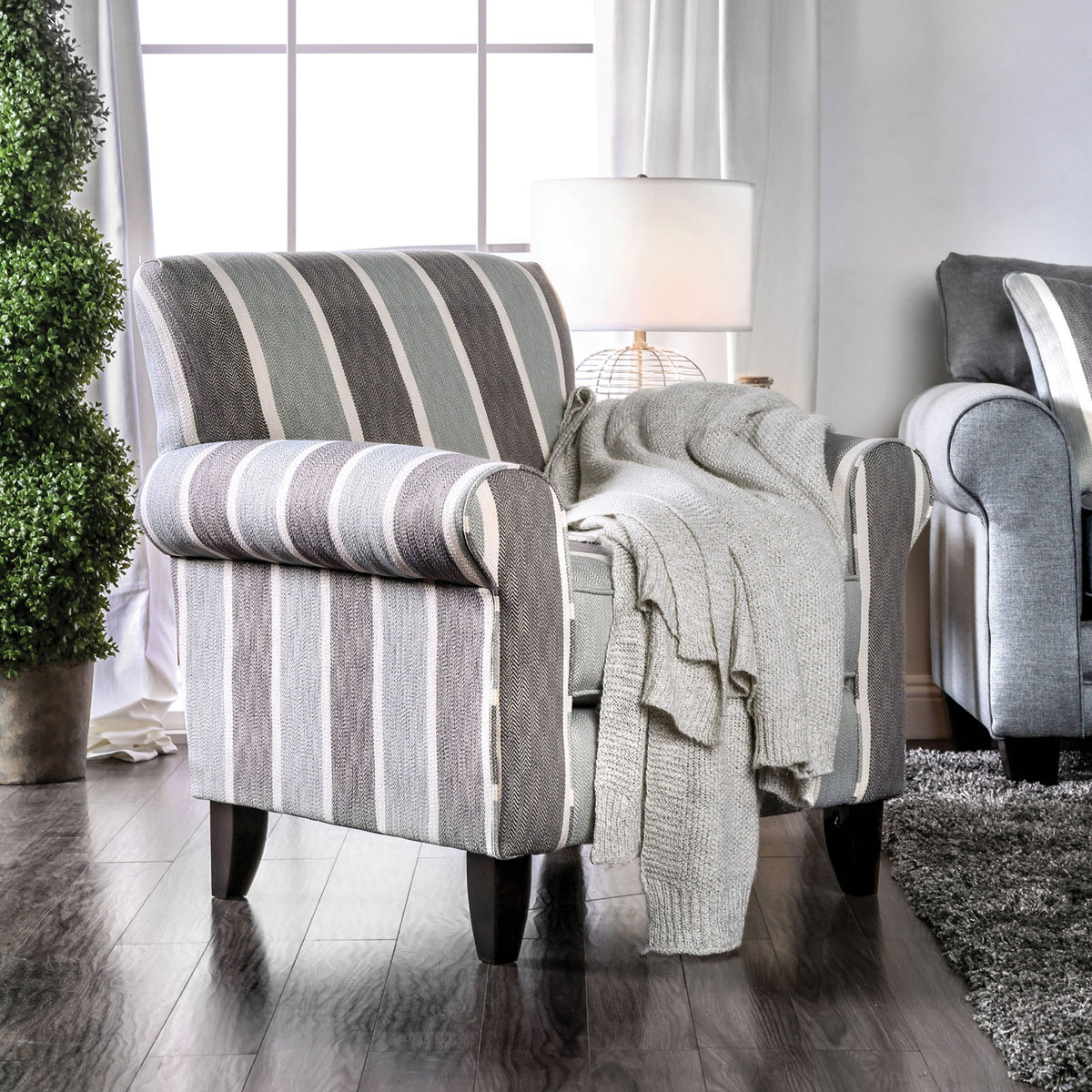 Transitional Style High Back Stripe Chair 1pc Rolled Flared Arms Blue Gray Finish Primary Living room