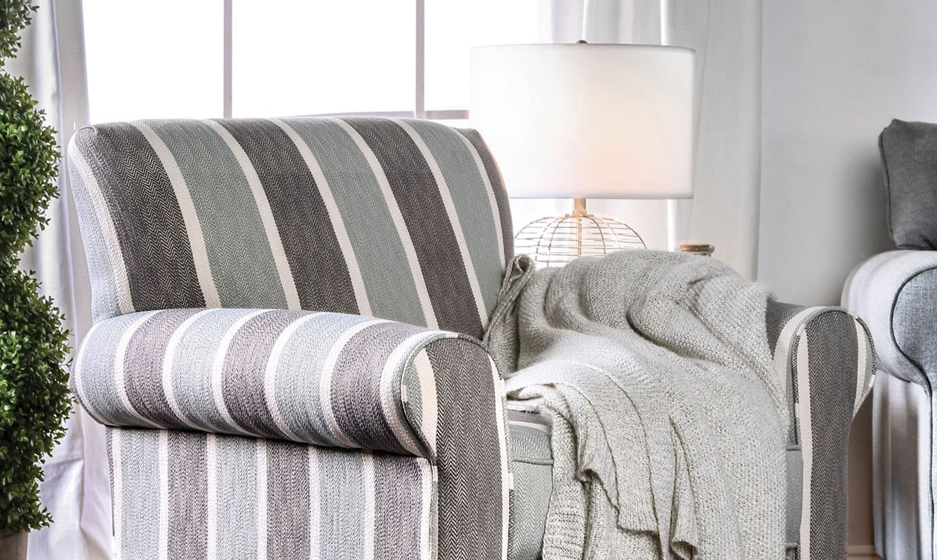 Transitional Style High Back Stripe Chair 1pc Rolled Flared Arms Blue Gray Finish Primary Living room