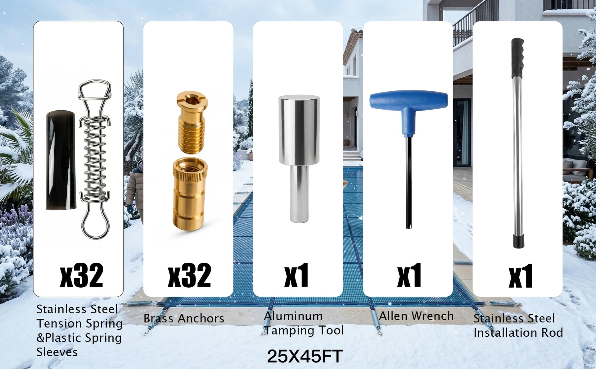 25x45FT Heavy-duty Swimming Pool Cover Accessories, with solid brass bushings and spring lock catches, solid silver sleeves and steel tubes, suitable for above-ground and in-ground swimming pools