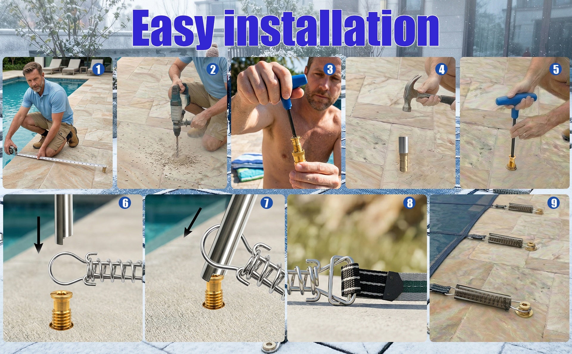 25x45FT Heavy-duty Swimming Pool Cover Accessories, with solid brass bushings and spring lock catches, solid silver sleeves and steel tubes, suitable for above-ground and in-ground swimming pools