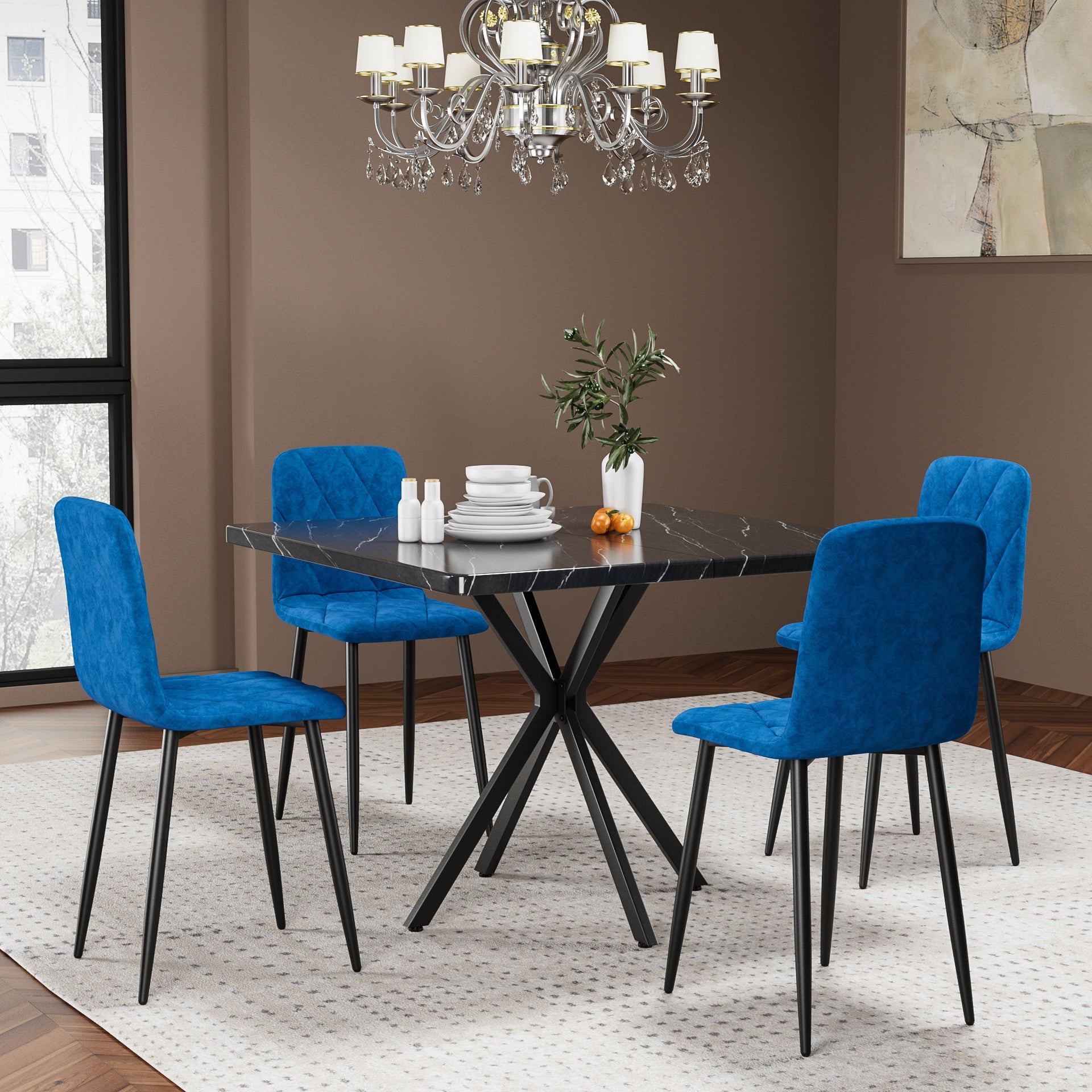 Square Dining Table Set, Mid Century Modern Square Dining Table for 4 Person, Faux Marble Tabletop, Iron Legs, Coffee Table for Kitchen Dining Room, Office, Save Space