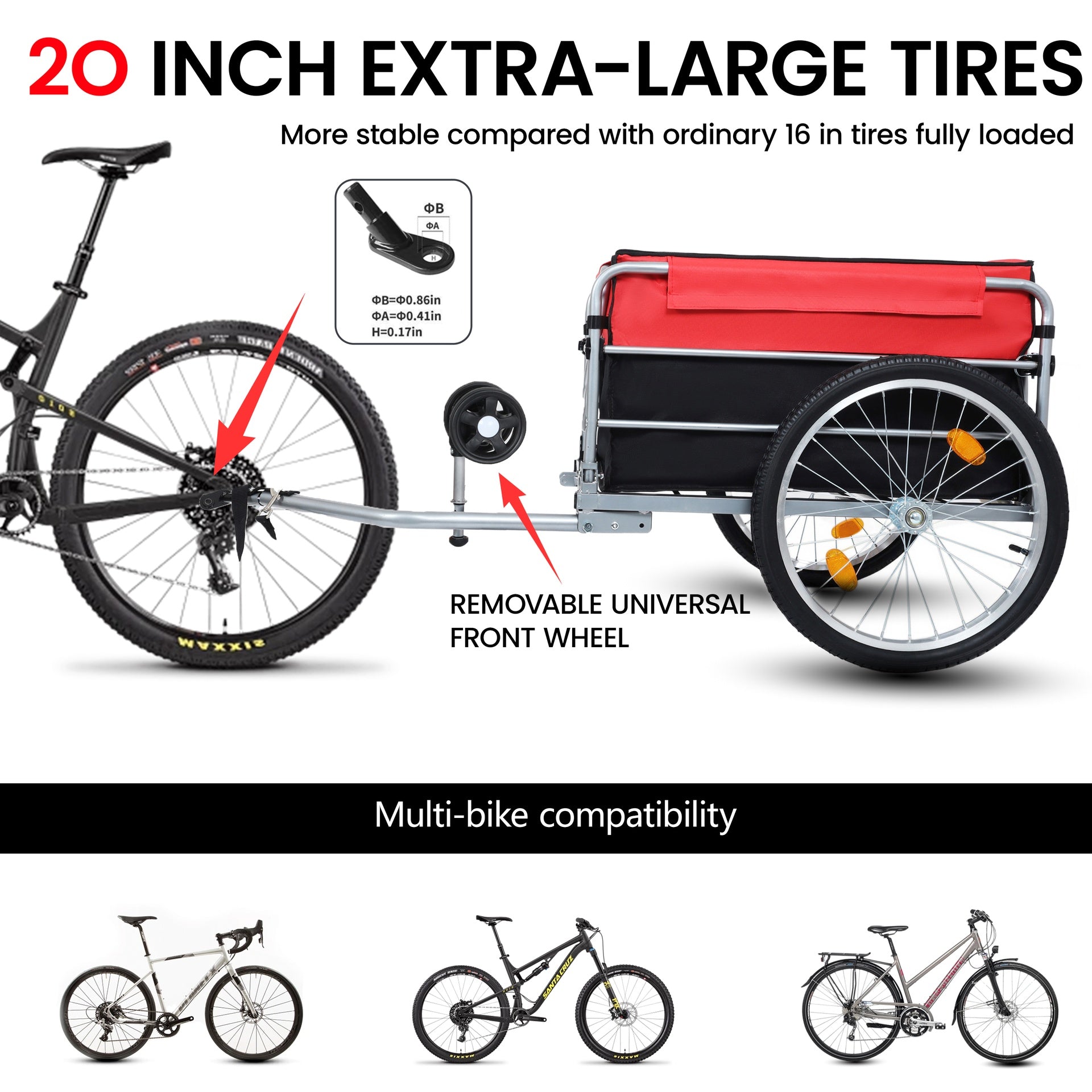 Bike Cargo Trailer, Aluminum Luggage Cart,Heavy Duty 220 lbs Bicycle Wagon Cart, 20" Whee,l Folding Groceries Hauler with Safe Hitch System, Removable Cover, Oxford Fabric for Cycling Travel