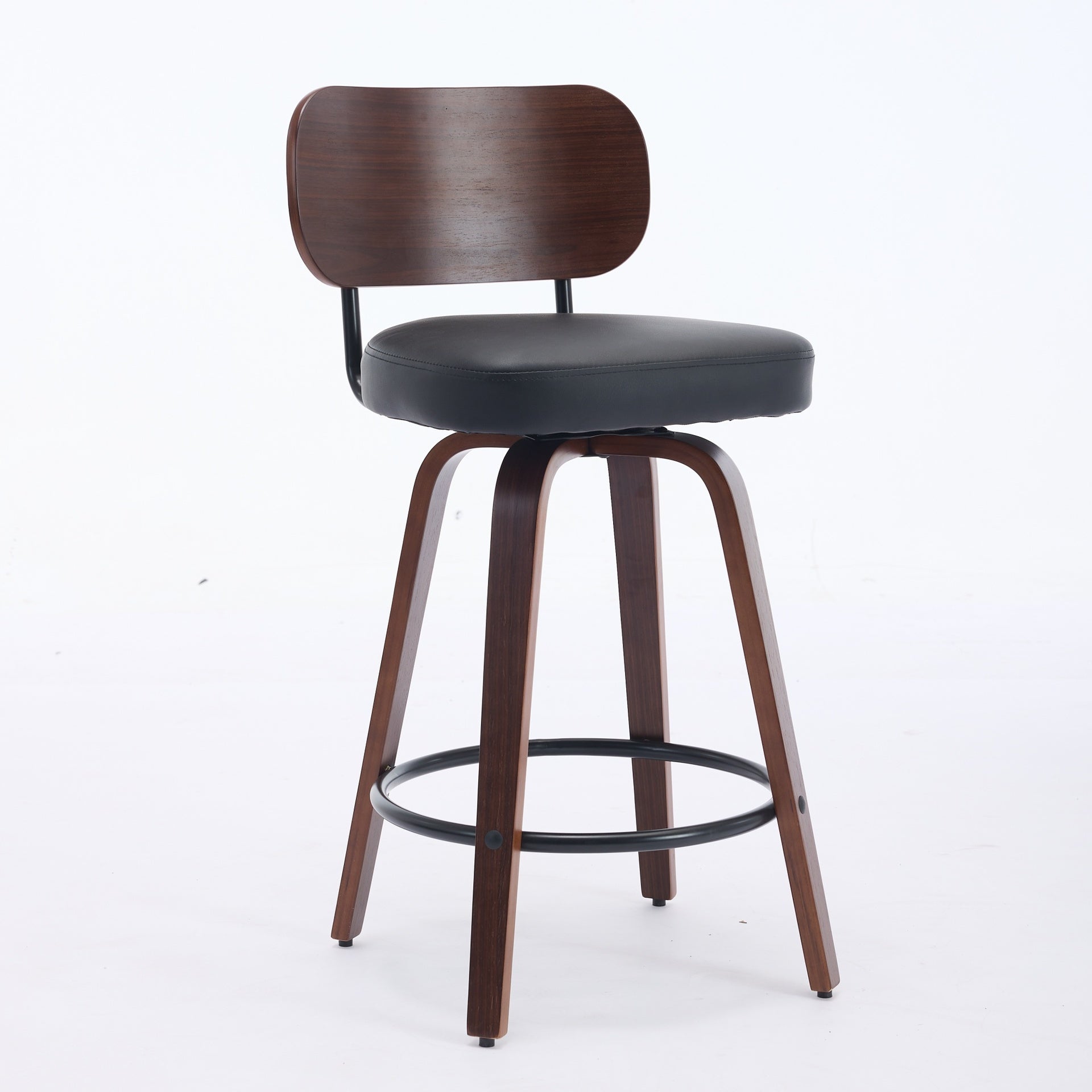 Swivel Bar Stools Set of 2, 26" Upholstered Faux Leather Counter Height Barstools with Walnut Back & Bentwood Legs, Mid Century Modern Bar Chairs Island Stools for Kitchen Counter, Black PU, SW1864BK