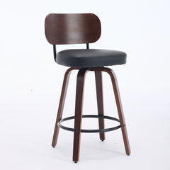 Swivel Bar Stools Set of 2, 26" Upholstered Faux Leather Counter Height Barstools with Walnut Back & Bentwood Legs, Mid Century Modern Bar Chairs Island Stools for Kitchen Counter, Black PU, SW1864BK
