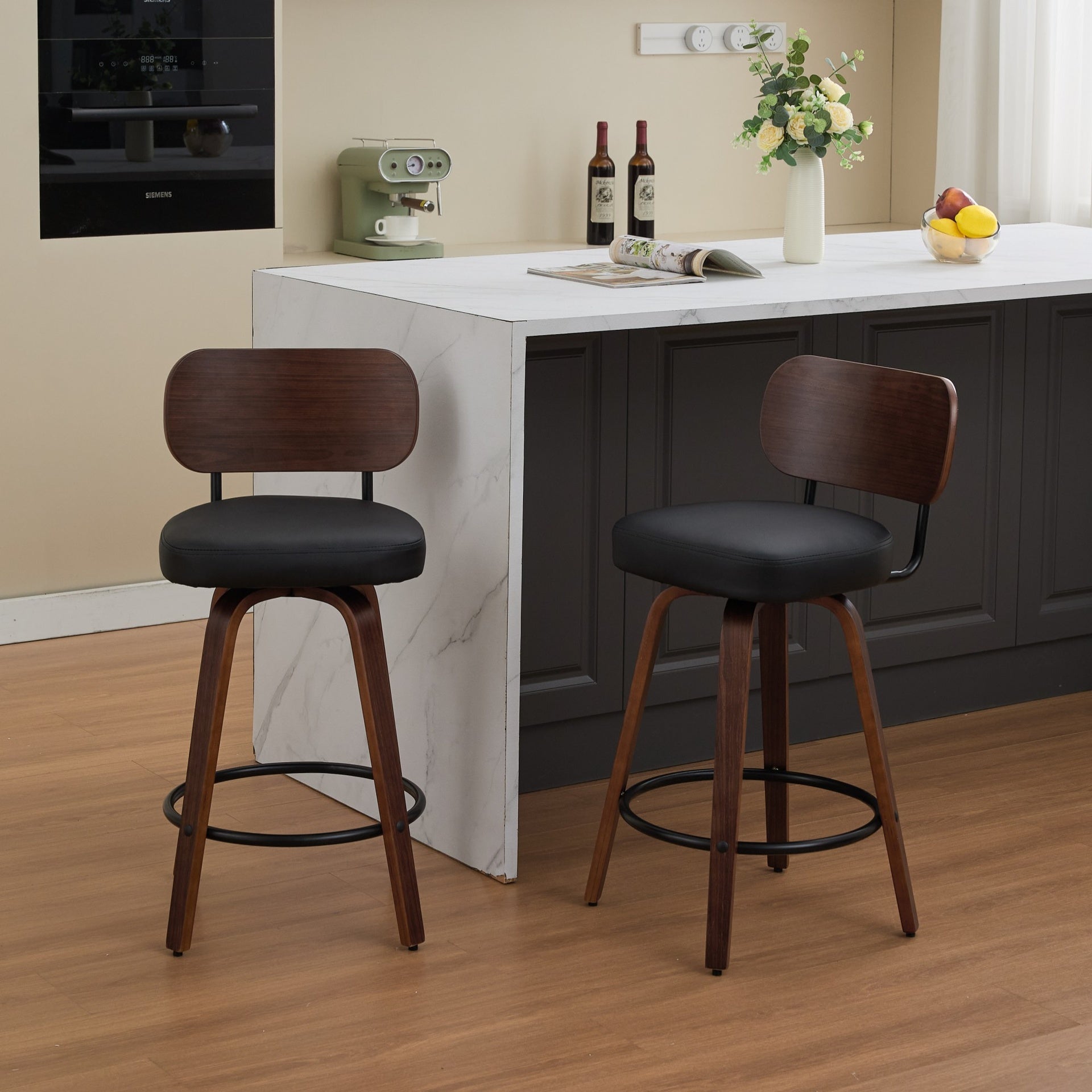 Swivel Bar Stools Set of 2, 26" Upholstered Faux Leather Counter Height Barstools with Walnut Back & Bentwood Legs, Mid Century Modern Bar Chairs Island Stools for Kitchen Counter, Black PU, SW1864BK