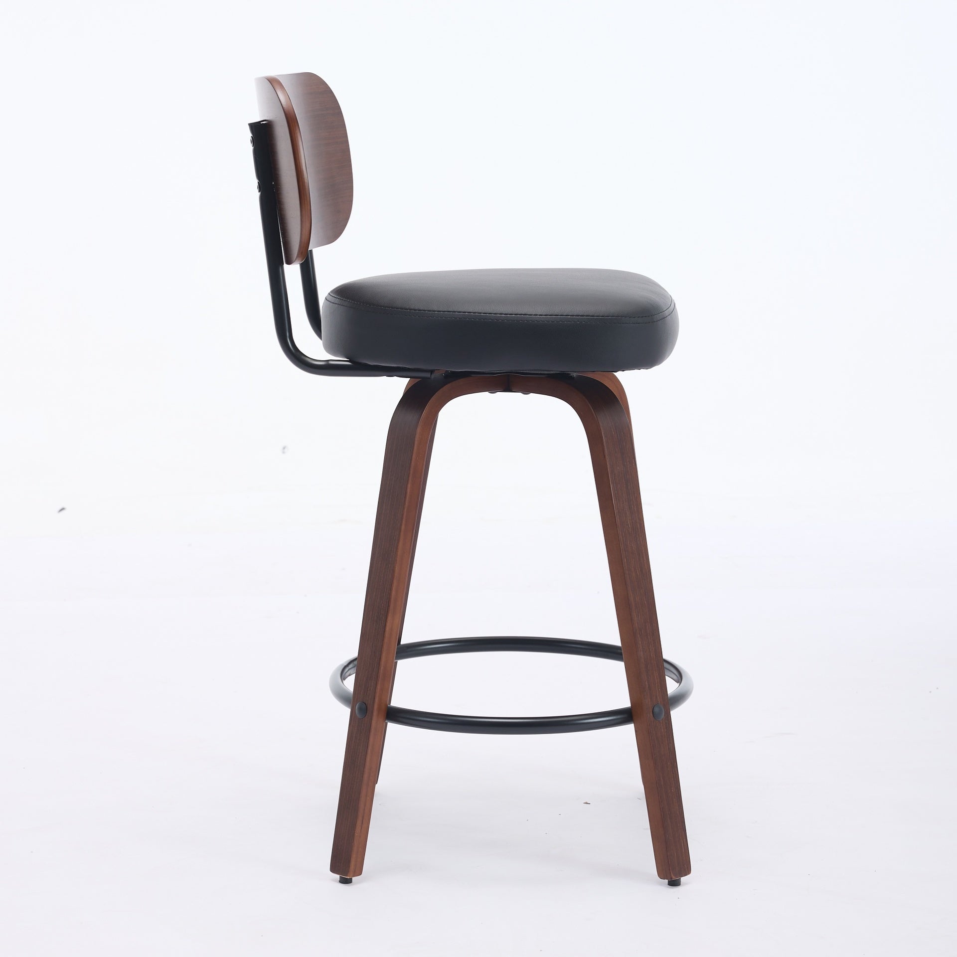 Swivel Bar Stools Set of 2, 26" Upholstered Faux Leather Counter Height Barstools with Walnut Back & Bentwood Legs, Mid Century Modern Bar Chairs Island Stools for Kitchen Counter, Black PU, SW1864BK