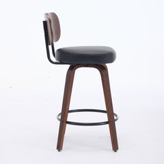 Swivel Bar Stools Set of 2, 26" Upholstered Faux Leather Counter Height Barstools with Walnut Back & Bentwood Legs, Mid Century Modern Bar Chairs Island Stools for Kitchen Counter, Black PU, SW1864BK