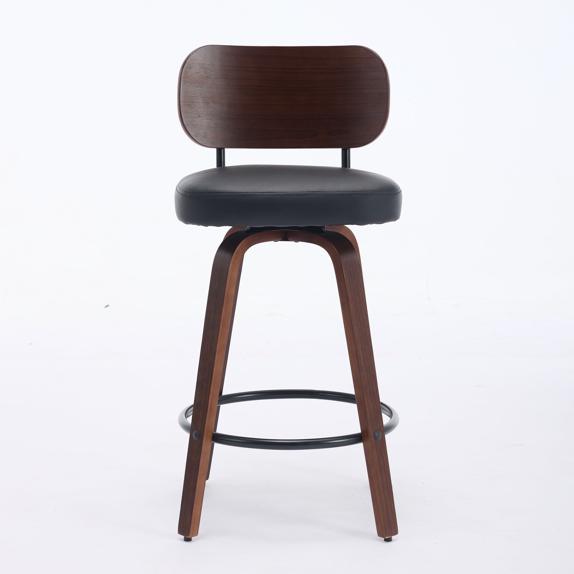 Swivel Bar Stools Set of 2, 26" Upholstered Faux Leather Counter Height Barstools with Walnut Back & Bentwood Legs, Mid Century Modern Bar Chairs Island Stools for Kitchen Counter, Black PU, SW1864BK