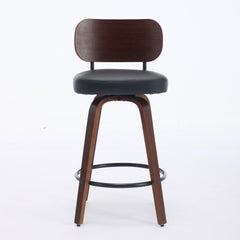Swivel Bar Stools Set of 2, 26" Upholstered Faux Leather Counter Height Barstools with Walnut Back & Bentwood Legs, Mid Century Modern Bar Chairs Island Stools for Kitchen Counter, Black PU, SW1864BK