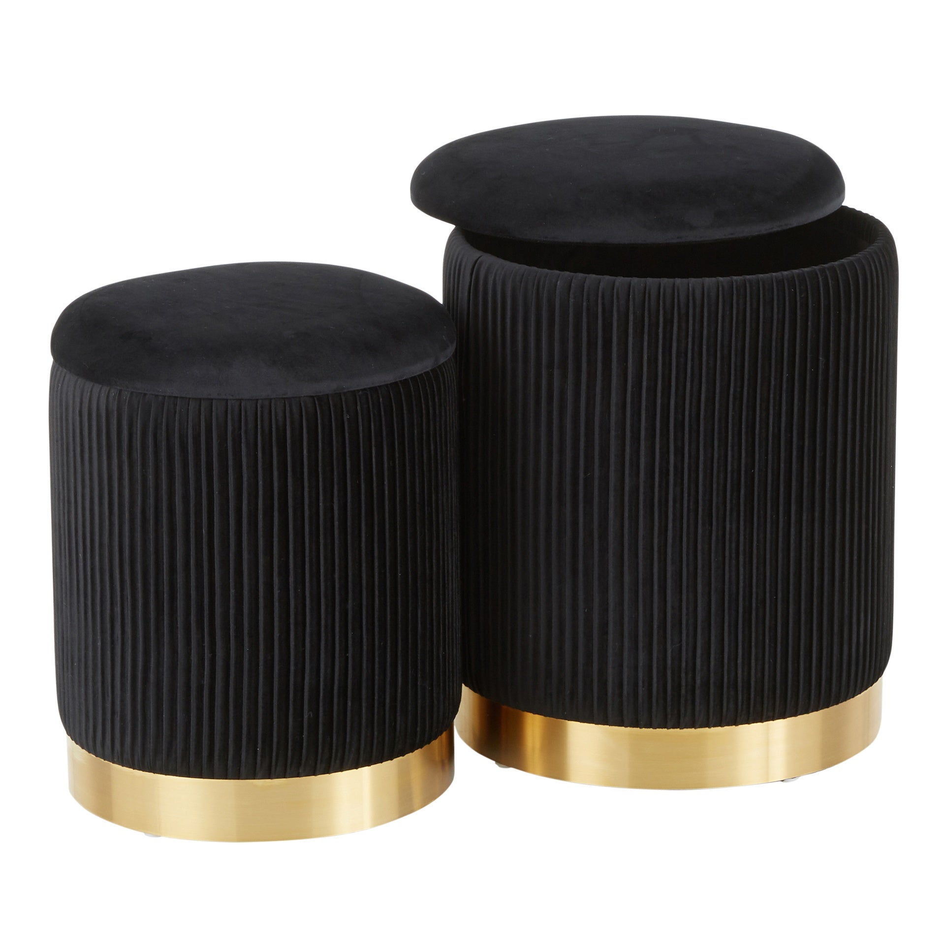 Marla Contemporary Nesting Pleated Ottoman Set in Gold Metal and Black Velvet by LumiSource