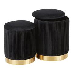 Marla Contemporary Nesting Pleated Ottoman Set in Gold Metal and Black Velvet by LumiSource