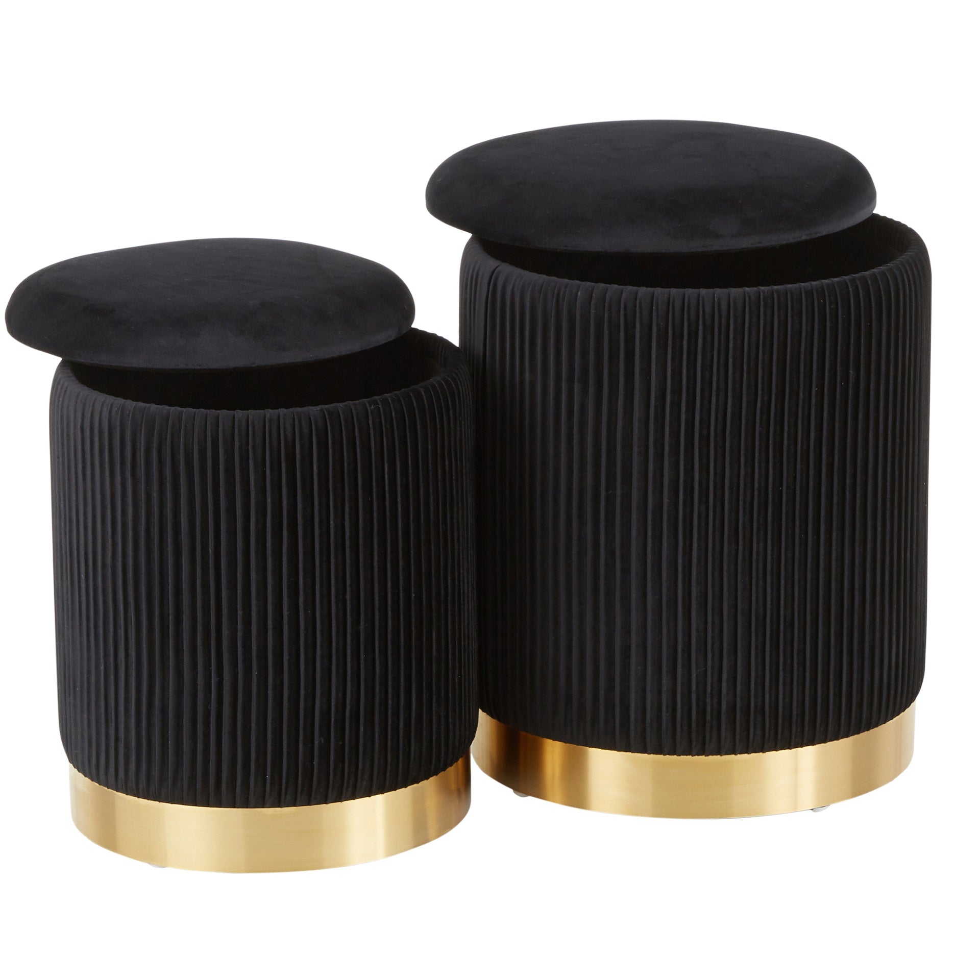 Marla Contemporary Nesting Pleated Ottoman Set in Gold Metal and Black Velvet by LumiSource