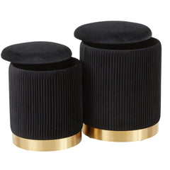 Marla Contemporary Nesting Pleated Ottoman Set in Gold Metal and Black Velvet by LumiSource