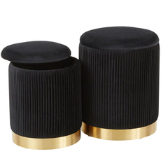 Marla Contemporary Nesting Pleated Ottoman Set in Gold Metal and Black Velvet by LumiSource