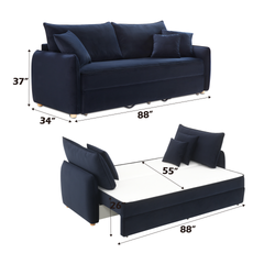 Irina Blue Velvet Sleeper Sectional Sofa w/ 3 Toss Pillows