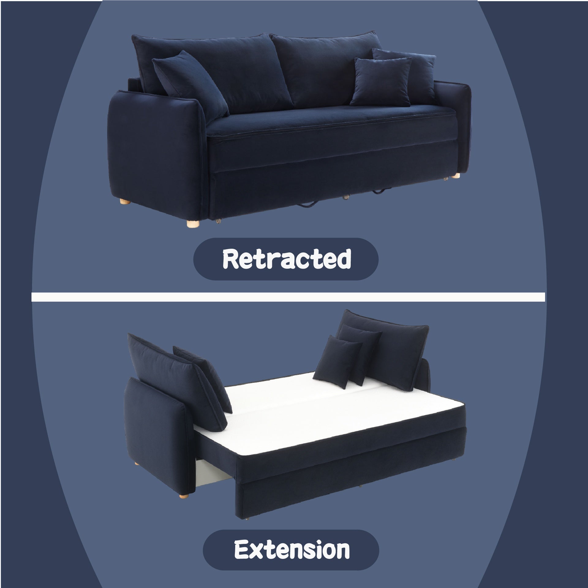 Irina Blue Velvet Sleeper Sectional Sofa w/ 3 Toss Pillows