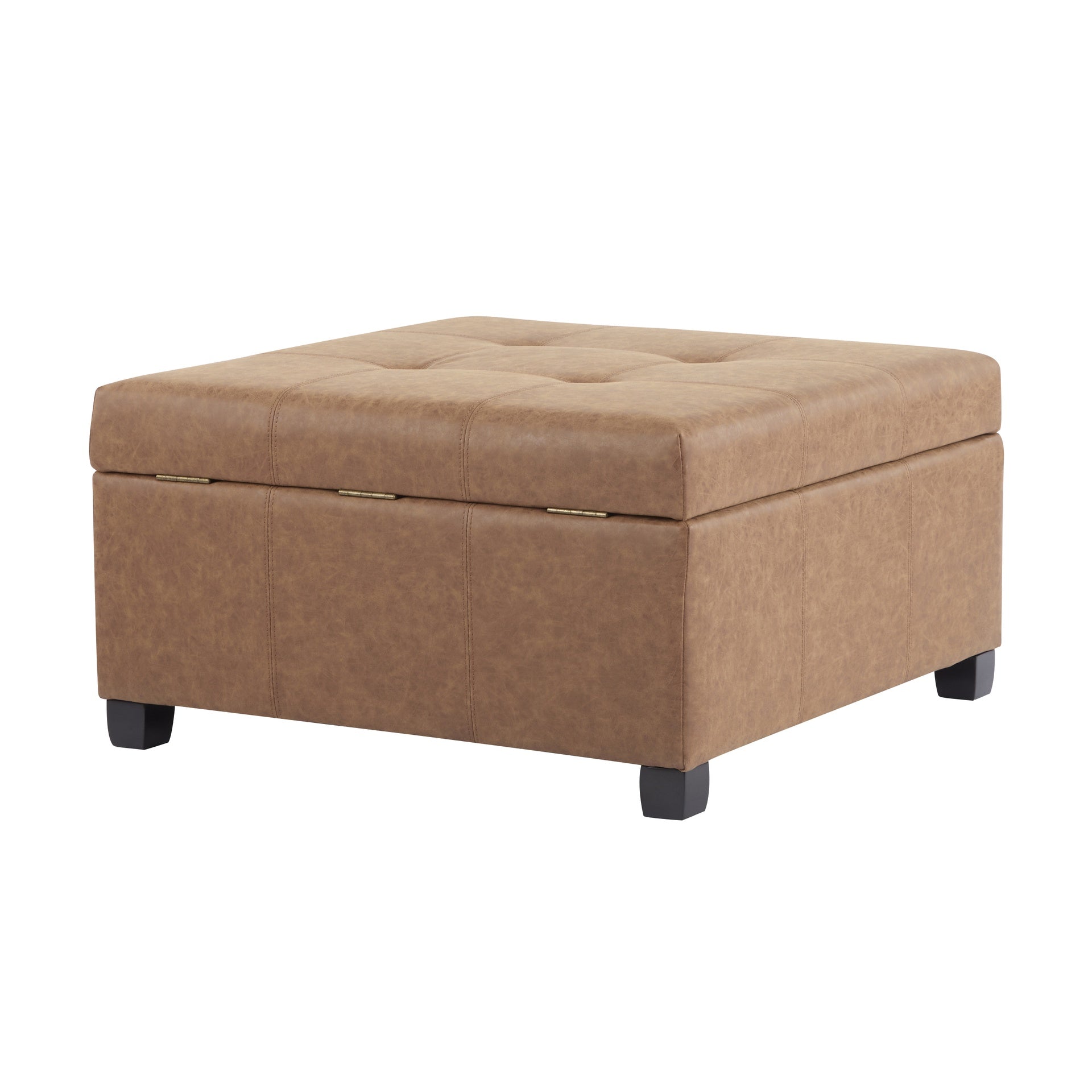 35" Square Brown Faux Leather Storage Ottoman - Lift-Top Footrest Stool for Living Room, Bedroom & Office - Upholstered Bench with Hidden Storage