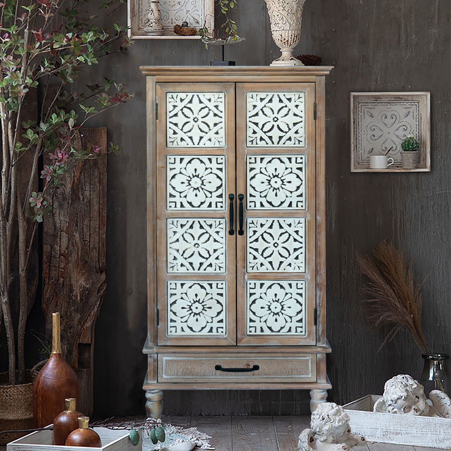 55.12'' Tall Tower Storage Cabinet - Rustic Wood Sideboard Pantry Cabinet - Versatile Buffet Cabinet with Storage for Home Decor and Organization chic cabinet with two doors and a drawer