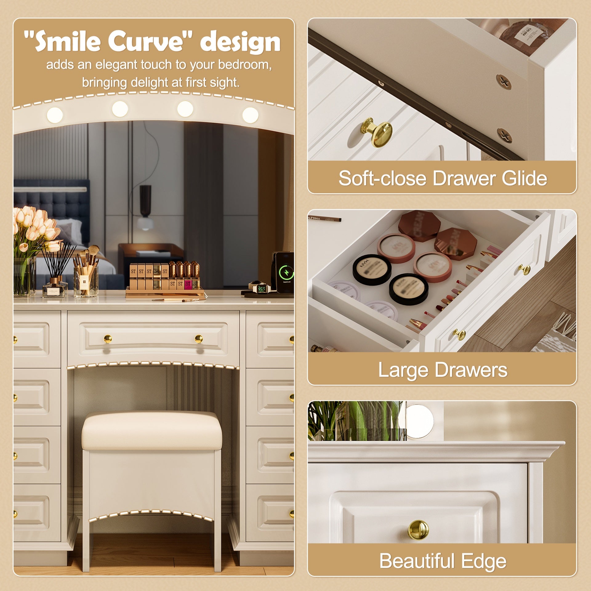 Luxurious Makeup Vanity with 10 Hollywood Bulbs, 3 Color Lighting Modes, Classic Dressing Table with Cushioned Stool and 9 Storage Drawers for Bedroom, White