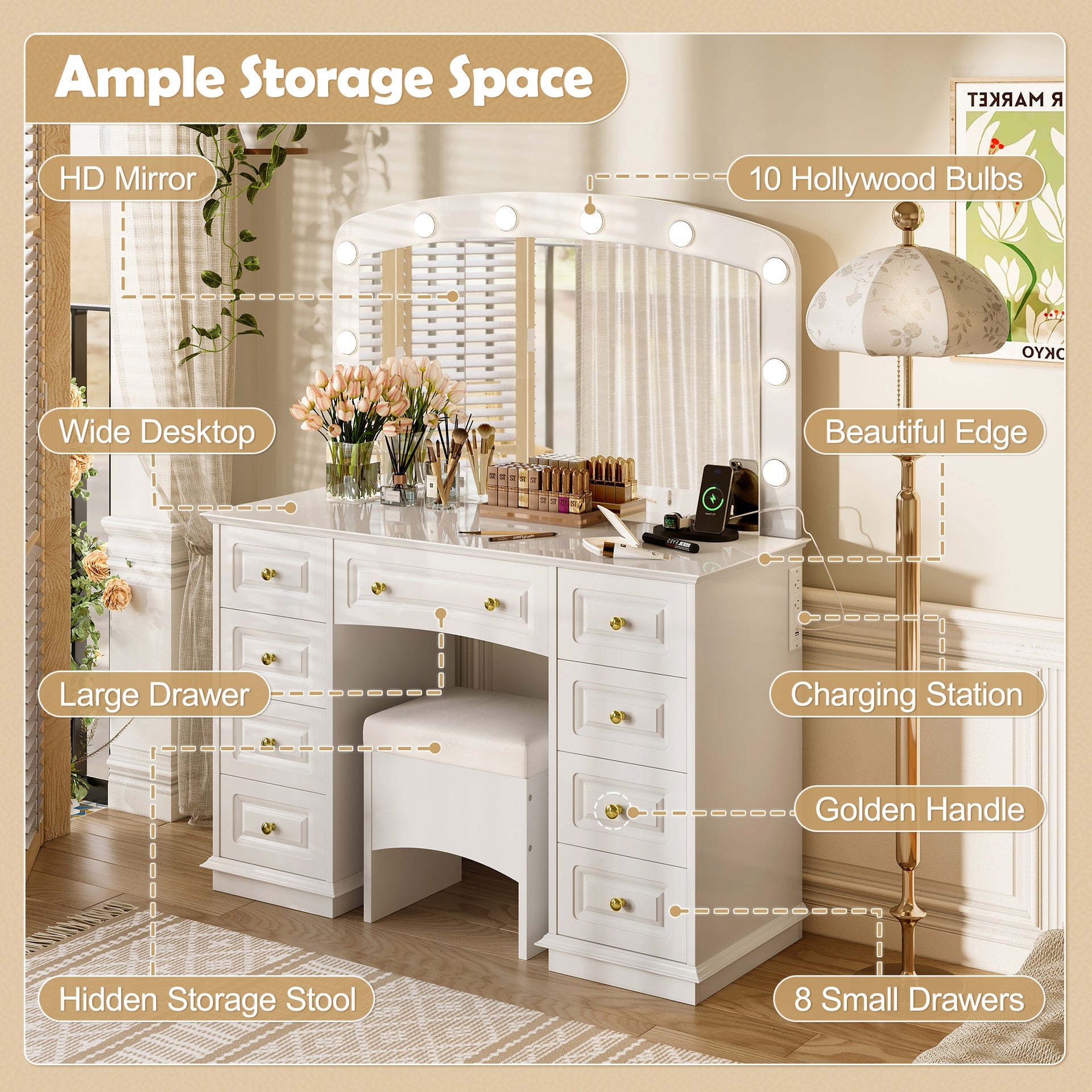 Luxurious Makeup Vanity with 10 Hollywood Bulbs, 3 Color Lighting Modes, Classic Dressing Table with Cushioned Stool and 9 Storage Drawers for Bedroom, White