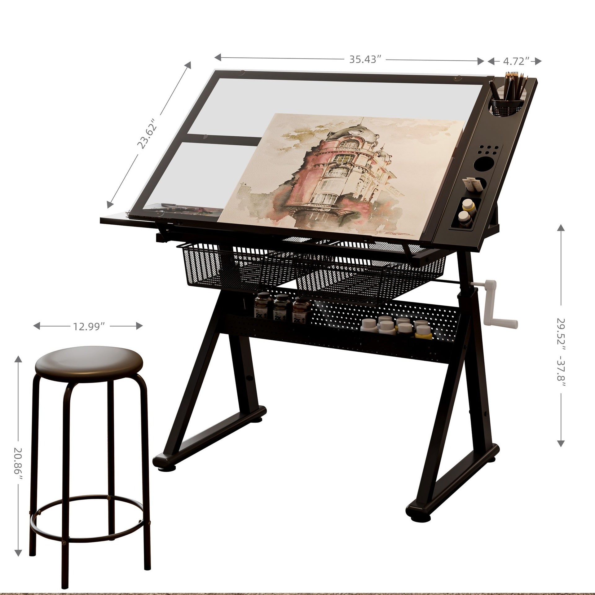 Hand crank adjustable tempered glass drafting drawing and printing table with chair and storage space for living room, study, bedroom
