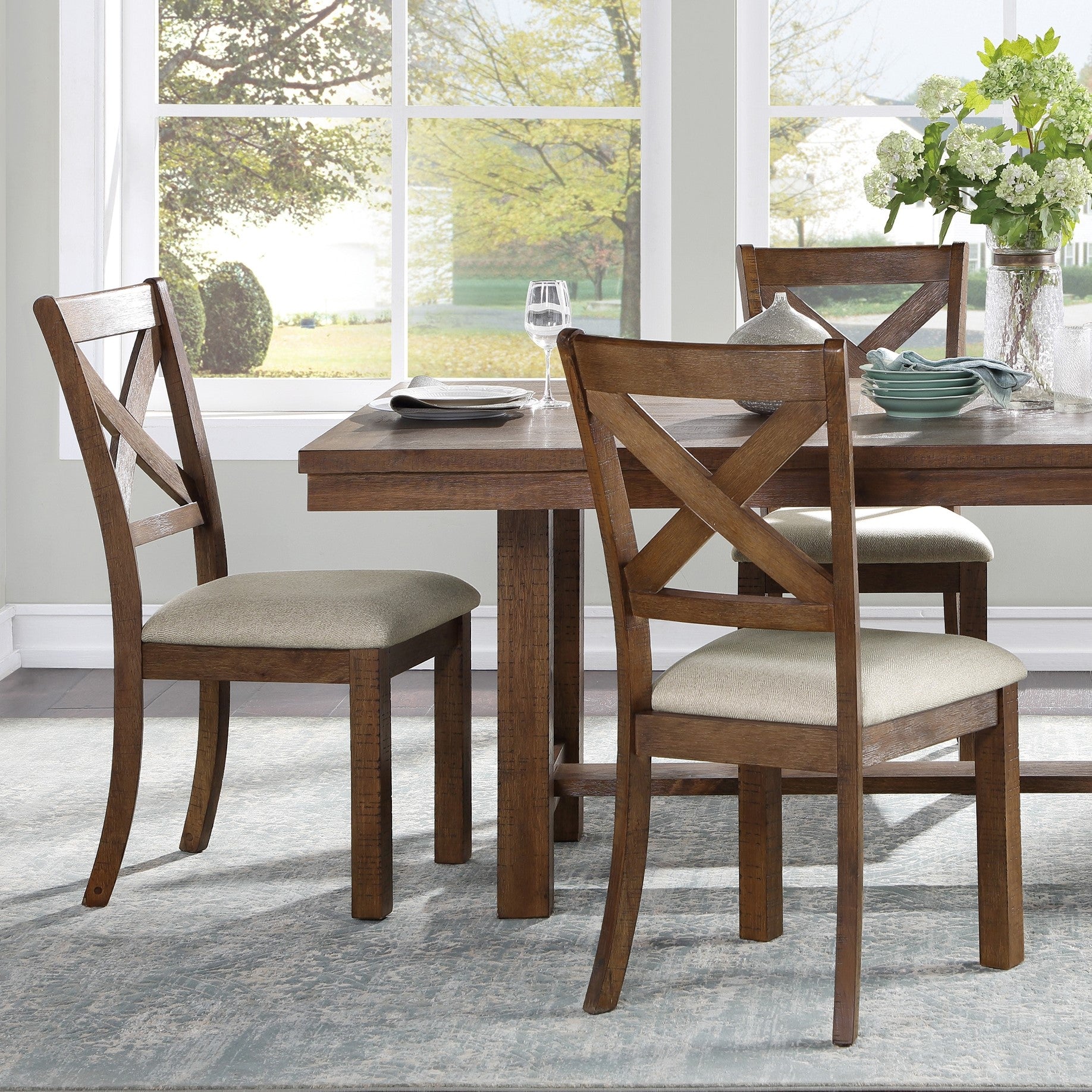 Brown Finish Dining Set 5pcs Rectangular Table and Side Chairs Beige Upholstered Seat Transitional Kitchen Dining Furniture