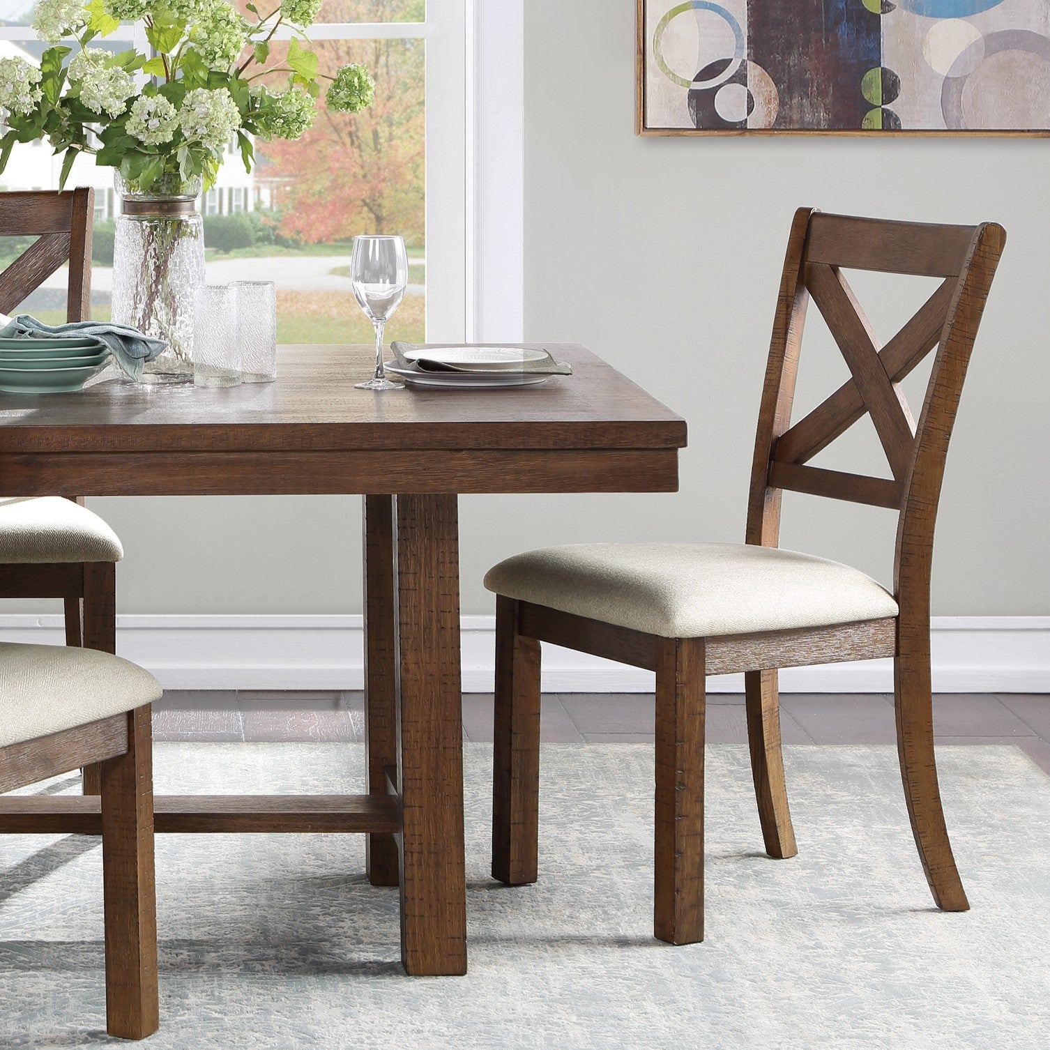 Brown Finish Dining Set 5pcs Rectangular Table and Side Chairs Beige Upholstered Seat Transitional Kitchen Dining Furniture