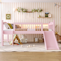 Twin Loft Bed with Storage Shelves, Solid Wood Lower Loft Bed with LED Lights and Full-length Guardrails, No Box Spring Needed, Pink