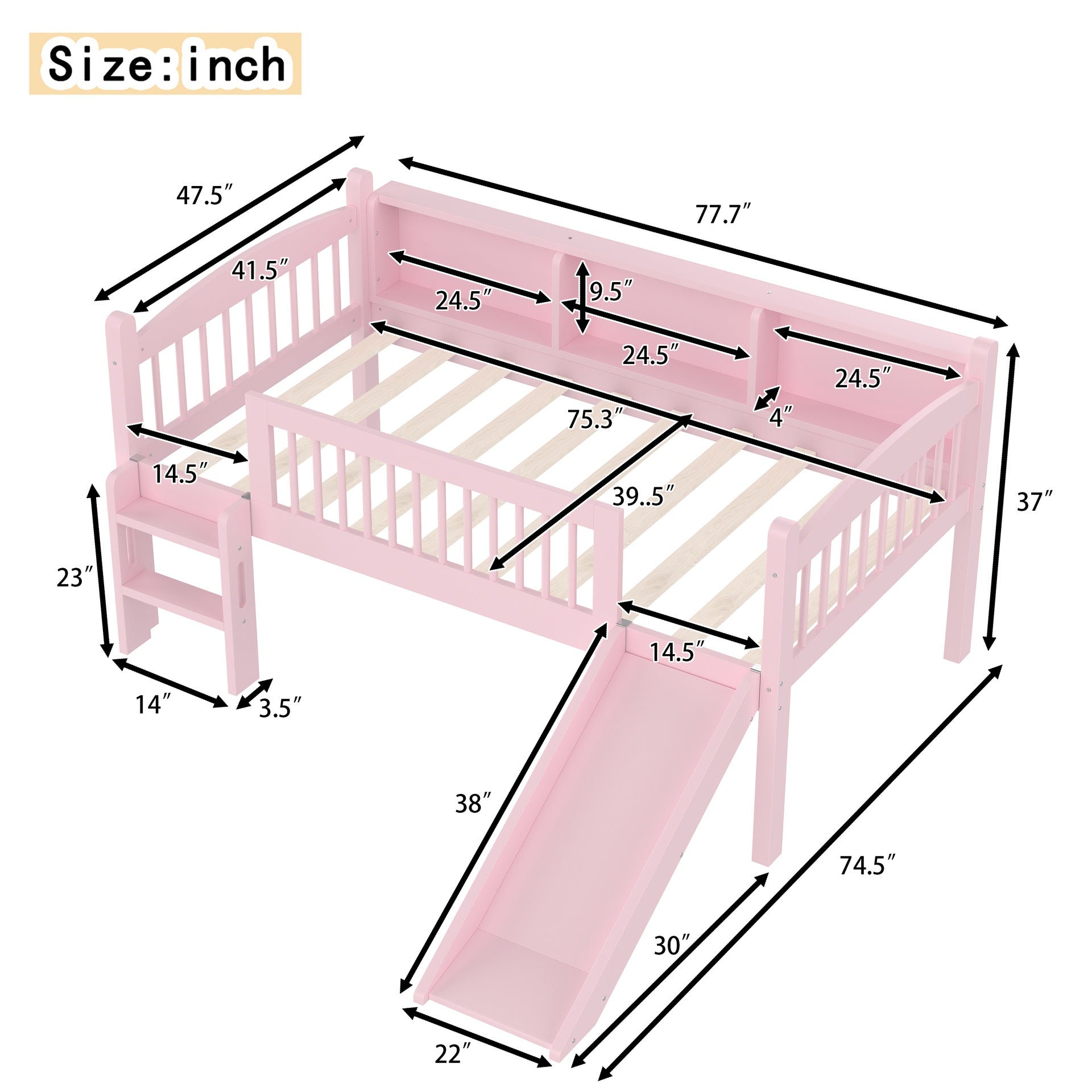 Twin Loft Bed with Storage Shelves, Solid Wood Lower Loft Bed with LED Lights and Full-length Guardrails, No Box Spring Needed, Pink