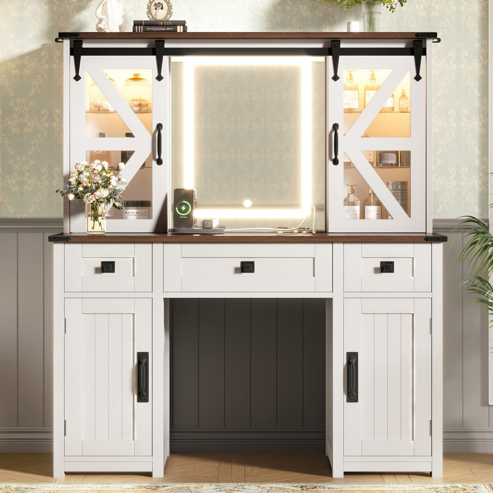 43.3 inch  Farmhouse Makeup Vanity Desk with Lighted Mirror, Vanity Table Set with Charging Station, Dressing Table with Sliding Barn Door Hidden Shelves & 3 Drawers & 4 Cabinets, Beige