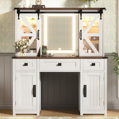 43.3 inch  Farmhouse Makeup Vanity Desk with Lighted Mirror, Vanity Table Set with Charging Station, Dressing Table with Sliding Barn Door Hidden Shelves & 3 Drawers & 4 Cabinets, Beige