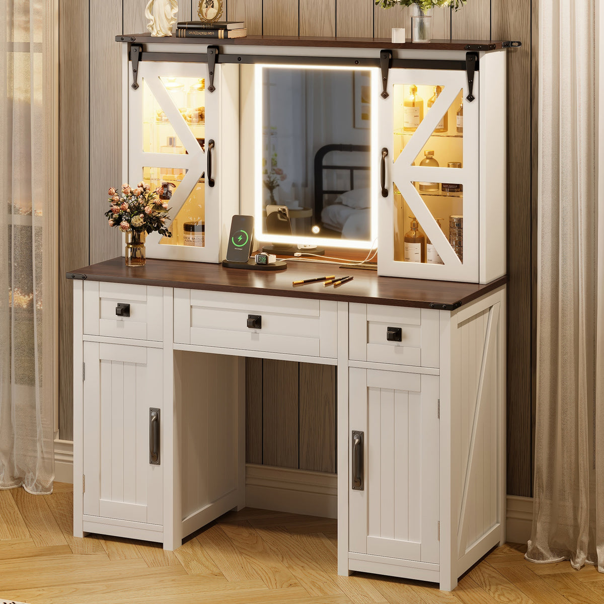 43.3 inch  Farmhouse Makeup Vanity Desk with Lighted Mirror, Vanity Table Set with Charging Station, Dressing Table with Sliding Barn Door Hidden Shelves & 3 Drawers & 4 Cabinets, Beige